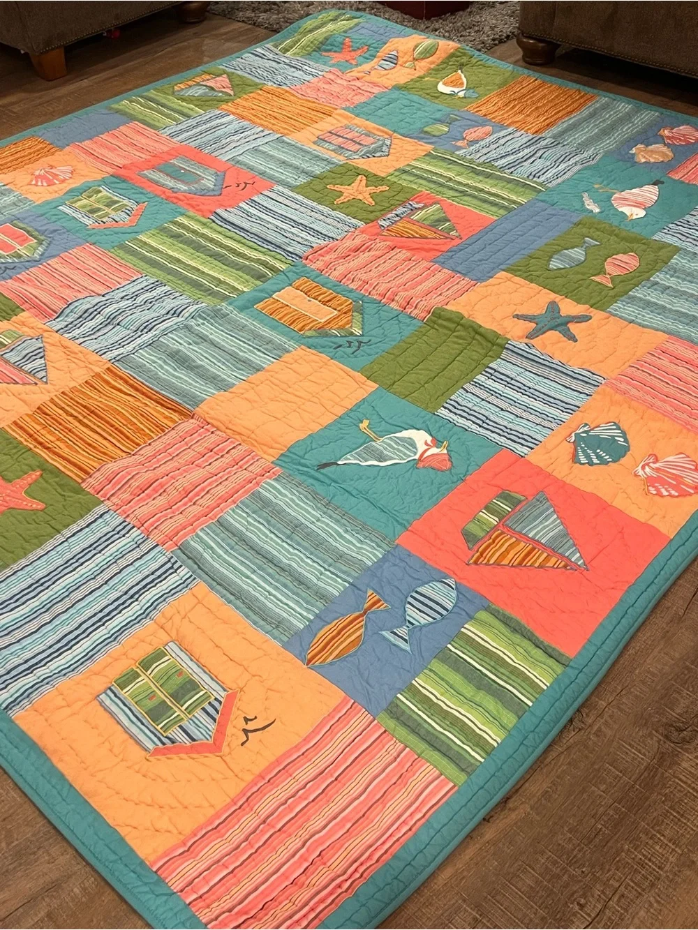 The Company Store Coastal Patchwork Quilt in Coral, Teal & Green 100x90” king